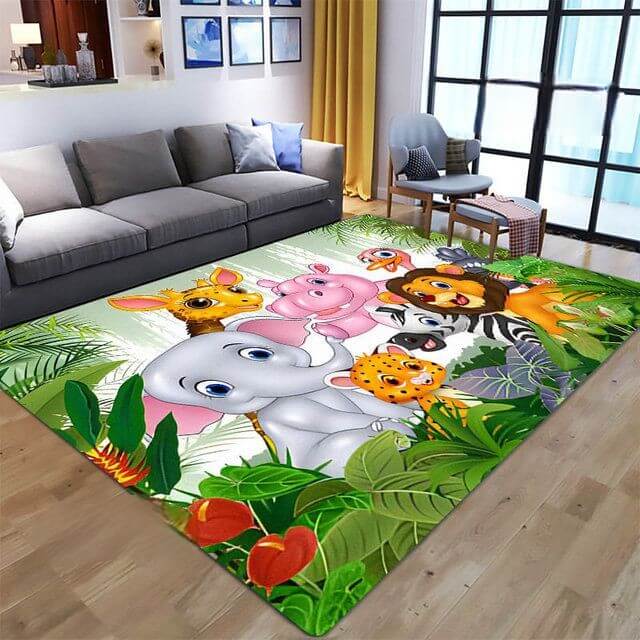 Tapis Chambre Enfant Doux Faux Cachemire - Motif Animaux, Antidérapant - Lavable En Machine