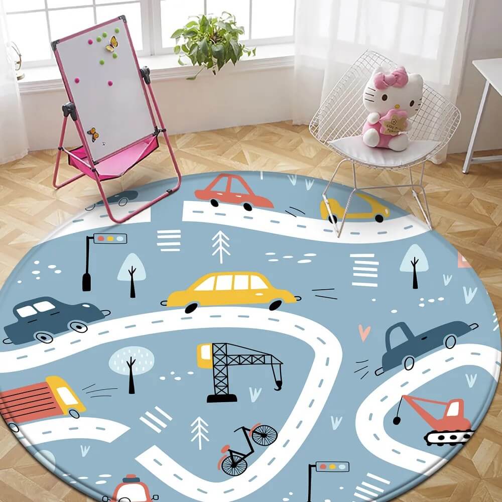 Tapis rond pour enfant avec motifs de routes