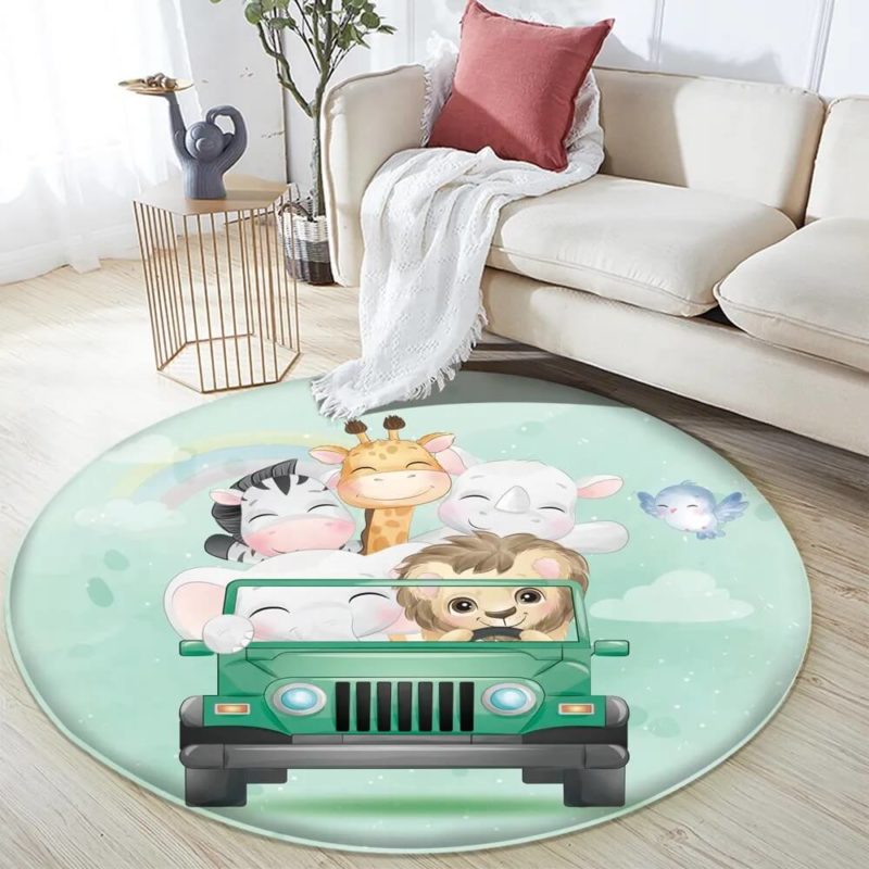 Tapis rond pour enfant avec motifs de voiture avec animaux