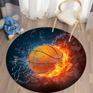 Tapis rond avec motif de ballon de basketball enflammé