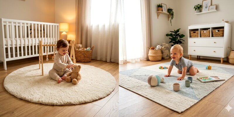 Bébés sur un tapis rond et un autre sur un tapis rectangulaire