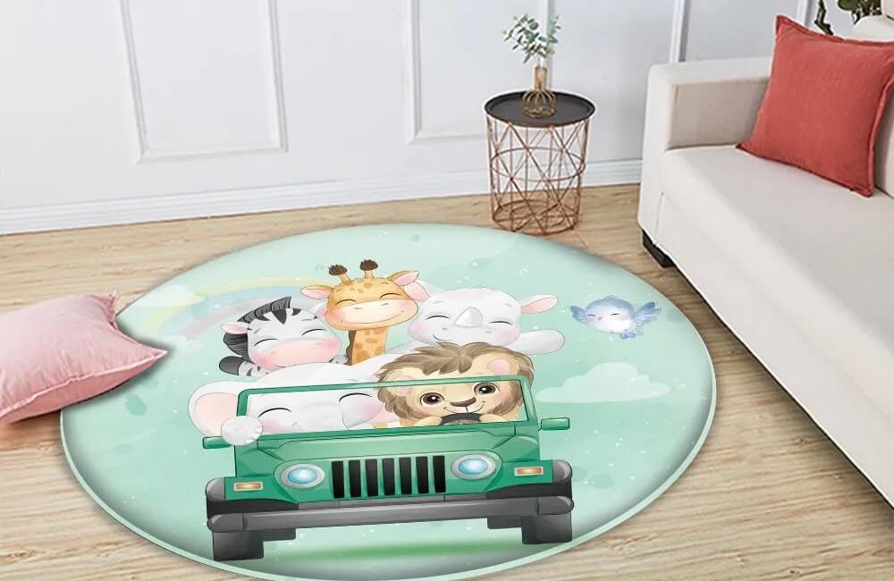 Tapis rond pour enfant avec motif de voiture avec animaux Tapis rond pour enfant avec motif de voiture avec animaux